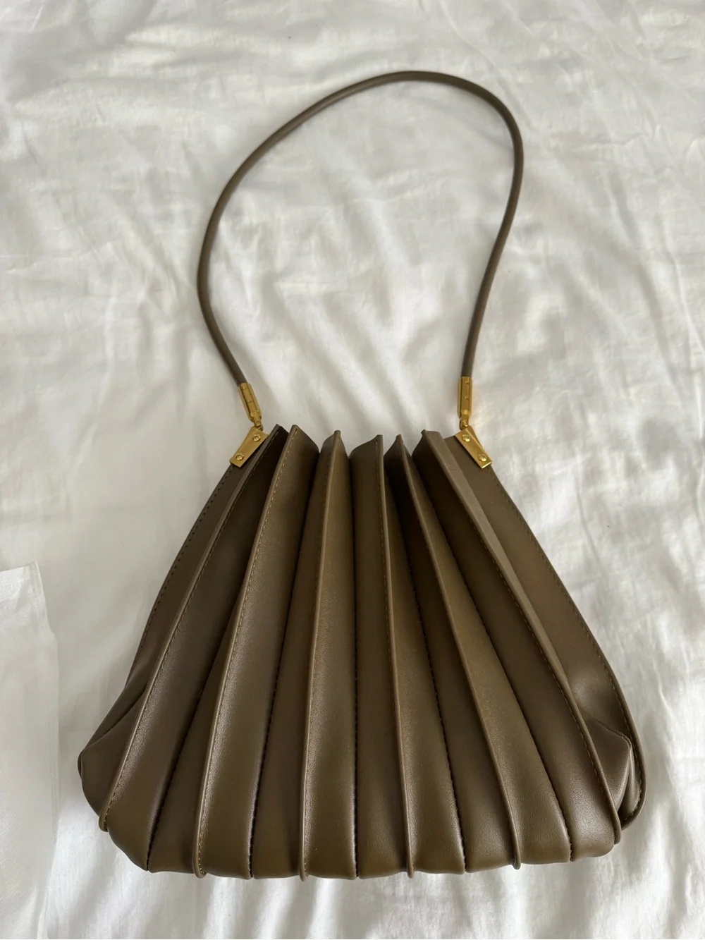 Melie Bianco Olive Pleated Shoulder Bag with Gold Hardware